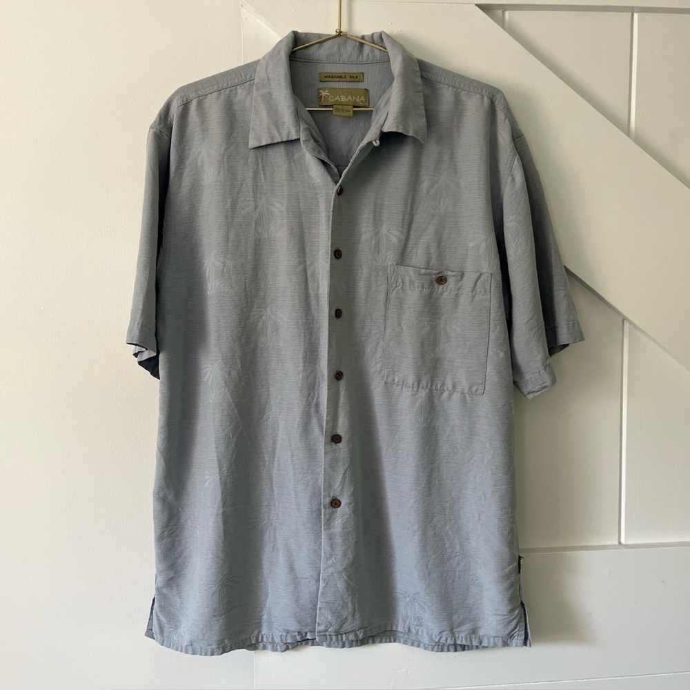 Cabana 100% Silk Men’s Shirt Size Medium Palm Trees Button Up Short Sleeve Blue